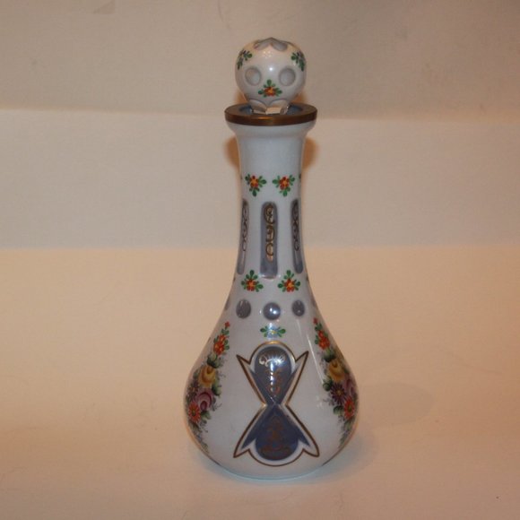 Bohemian Czech Cased White Over Baby Blue Hand Painted Flowers Gold DECANTER - Picture 1 of 9